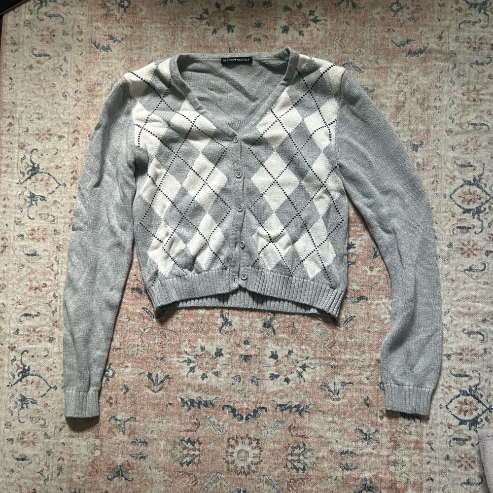 Brandy Melville Gray and Cream Argyle Cardigan